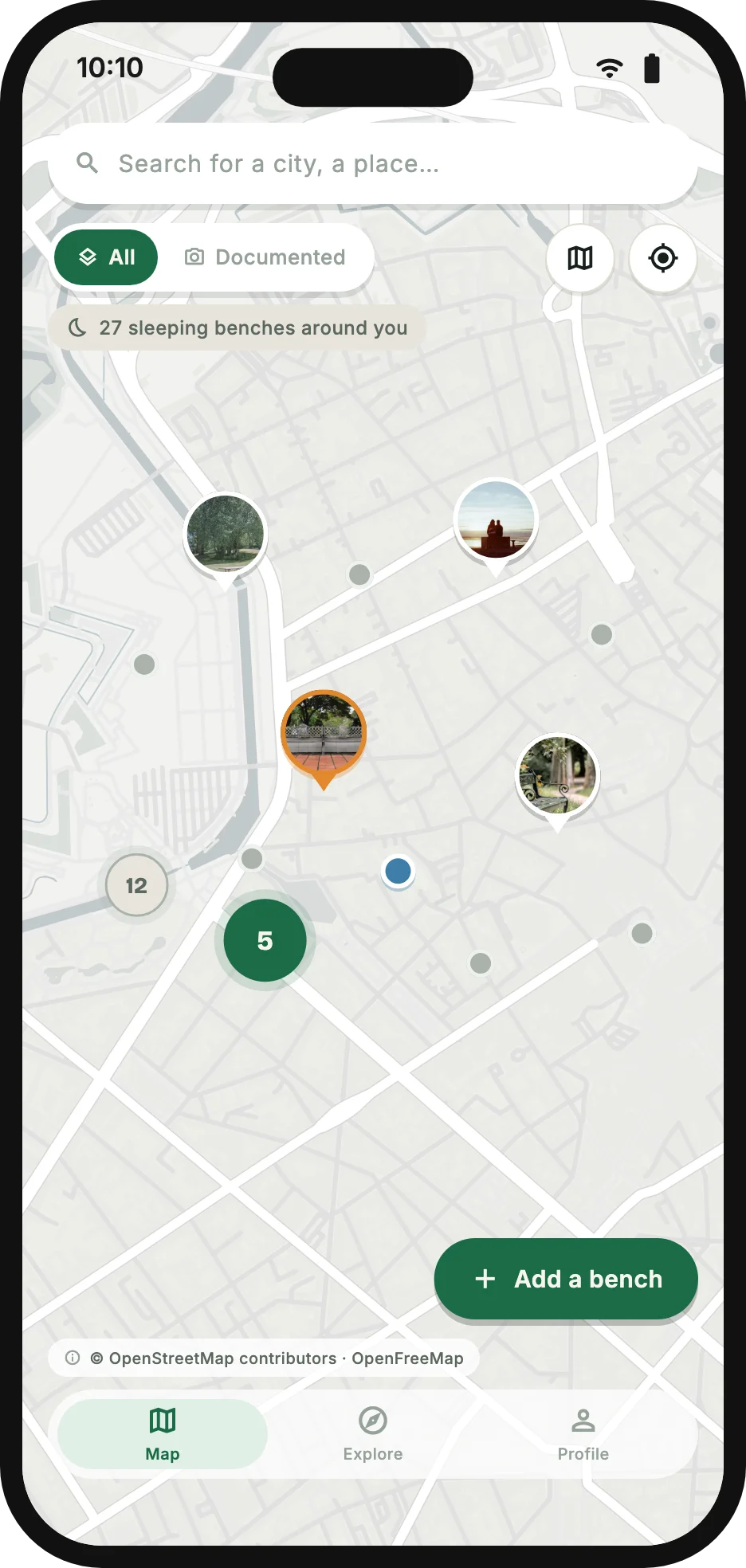 The Benchscape map screen: documented benches with photos, dormant benches in grey
